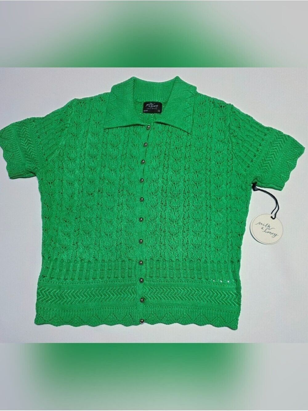 Milk & Honey Green Open Knit Button Front Collared Top Medium New With Tag - Picture 3 of 9